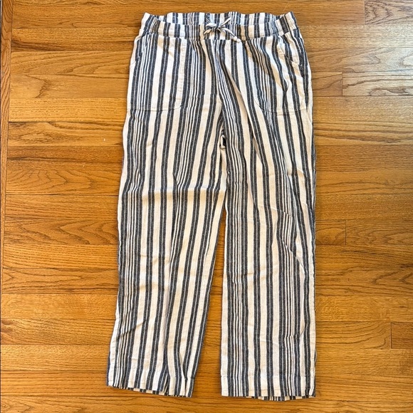 Sunday Navy Blue White Striped Linen Blend Cropped Beach Pants Women S - Picture 1 of 6